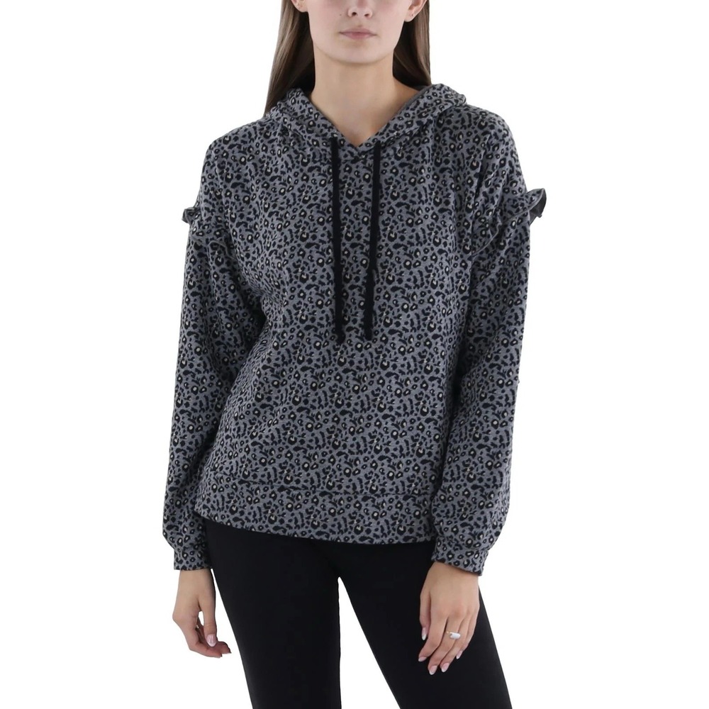 Billy T Leopard Print Hoodie Women's XS Gray Black Animal‎ Print Ruffle Pullover